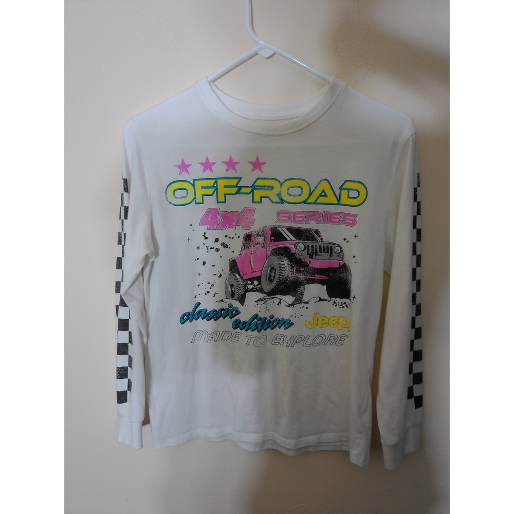 Jeep Graphic Tee Boys L 10/12 White Off-Road 4x4 Series Checkerboard Streetwear